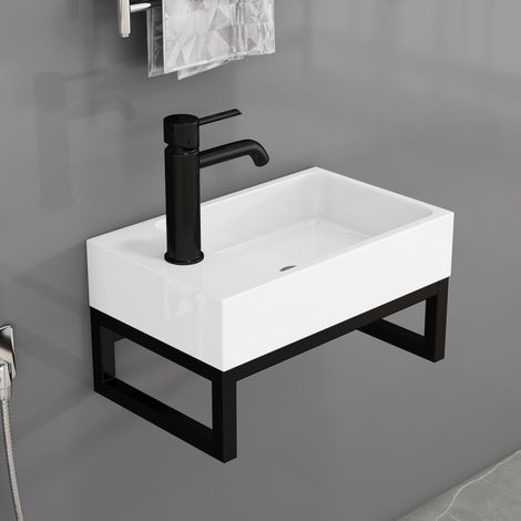 Lavabo suspendido 40x25x21 cm - lavamanos mini para aseo de invitados y baño pequeño ahorra espacio - cerámica mate con estructura de metal moderno - blanco mate y negro (1/5)