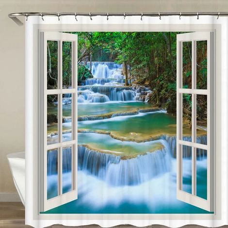 Rideau de douche imprimé en 3D, motif forêt, 180 x 200 cm, imperméable et lavable, avec crochets. Dimensions : L 180 x H 240 cm.