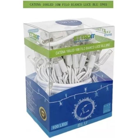 Catena luminosa 100 led luci di Natale 10 metri prolungabile da esterno ip65 balconi terrazze giardino  ET4105 - FILO BIANCO - LUCE  BLU (1/2)