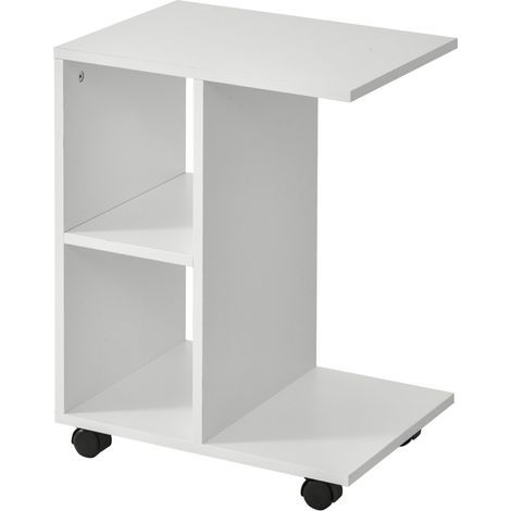 C-förmiger Couchtisch mit 2 offenen Regalen und 4 schwenkbaren Rollen, aus MDF und PE, 45 x 35 x 58 cm, weiß (1/5)