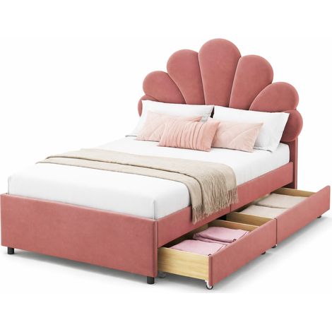 Letto con Cassetti, Letto Singolo con 2 Cassetti e Testiera Floreale 90×200 cm, senza Materasso, Rosa (1/4)