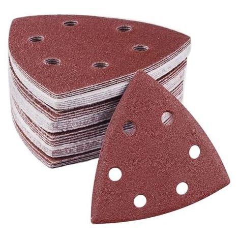 Carta abrasiva per levigatrici, 60 fogli abrasivi 90x90x90 mm per levigatrici triangolari, delta e angolari, 6 fori, grana 40/60/80/120/180/240 x10 - (1/5)