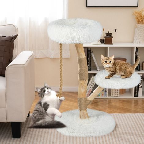 Arbre à Chat Tour en Bois pour Chat avec Perchoir Centre d'Activité en Bois Massif pour Chat avec Poteaux à Gratter Corde en Jute Doux Blanc (1/2)