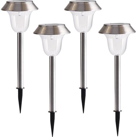 Set mit 4 weißen LED-Solar-Gartenleuchten aus Edelstahl zur Außenbeleuchtung von Terrassen, Rasenflächen und Wegen. Dekorative und landschaftsgestalterische Beleuchtung. (1/5)