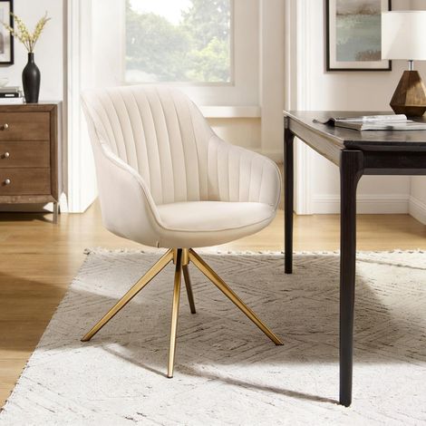 Drehstuhl Esszimmer Beige Samt mit Armlehnen und Gold Metallbeinen (1/5)