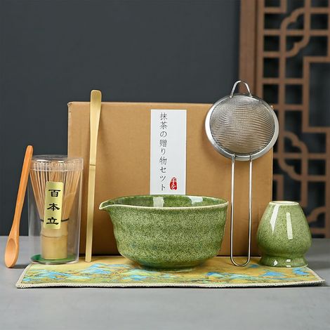 Service à Thé Japonais, Matcha Kit 7 Pièces Matcha Set, Bol Matcha avec Bec Verseur, Fouet en Bambou, Support à Fouet, CuillèRe à Café, Tamis à Matcha, Torchon, Vert Service à thé Matcha en Céramique (1/5)