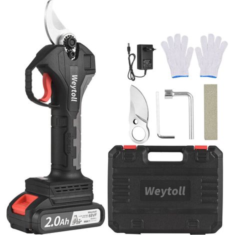 Weytoll Nanwei Sécateur électrique sans fil 21 V rechargeable avec batterie au lithium 10 Ah, taille-branches d'arbre, tondeuse de jardin, diamètre de coupe 30 mm avec lame de rechange 2000 mAh (1/5)
