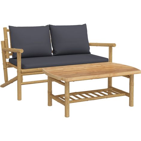 Set de muebles de jardín 2 piezas bambú con cojines gris oscuro vidaXL