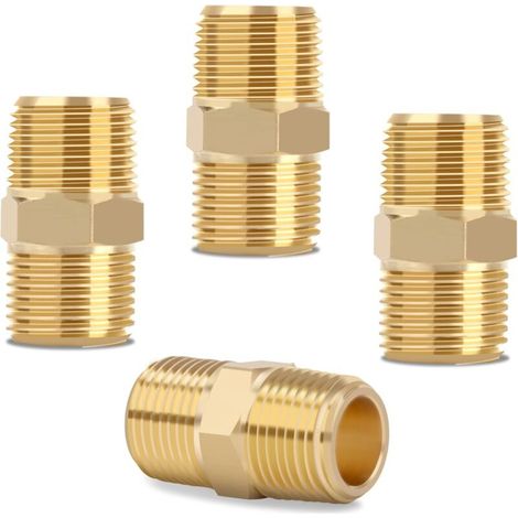 3/8 NPT x 3/8 NPT Sechskant-Außengewindeverschraubungen aus massivem Messing, Rohrverbinder aus massivem Messing, gleichschenklige Endverbinder, 4 Stück (1/5)