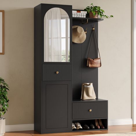 Meuble d’entrée à façades rainurées, rangement à chaussures, tiroirs, portes, miroir arqué, étagère murale, patères dorées, MDF - Noir (1/5)