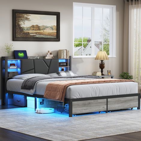 Lit double 140x200 cm avec 2 tiroirs, Tête de lit capitonnée avec sommier LED et chargement USB, Cadre de lit en métal, sans Matelas, Noir (1/5)
