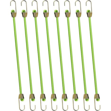 8 mini cuerdas elásticas verdes, de 25 cm de largo, con ganchos, para acampar, transporte y lonas. (1/5)