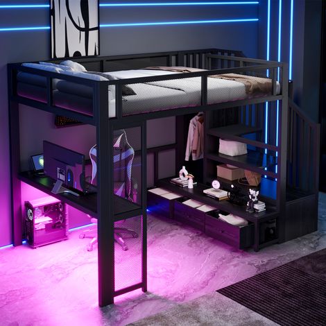 Lit mezzanine gaming 140x200 cm avec bureau et dressing ouvert, lit surélevé en métal avec 3 tiroirs, rangements, LED, USB et escalier, noir (1/5)
