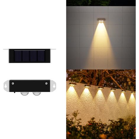 Lot de 4 appliques murales solaires d'extérieur, résistantes aux intempéries et au soleil, lampes solaires sans fil pour porche, éclairage à 2 LED