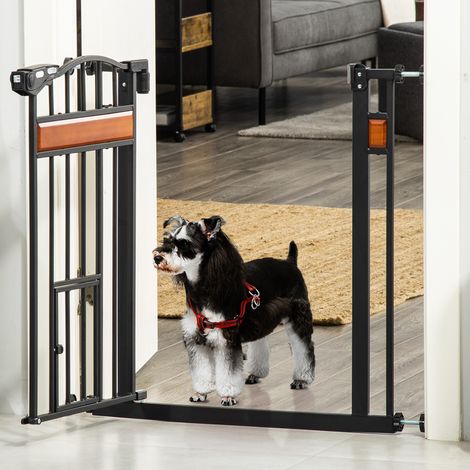 Portail pour chiens moyens et petits avec verrouillage automatique - 74-80x76,2 cm - bois de pin et plastique - barrage en acier - noir (1/4)