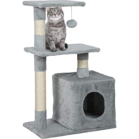 Arbre à Chat Hauteur 81,5 cm Tour de Jeux pour Chats avec poteaux en sisal, 2 Plates-Formes, Niche, Balle, Tissu Peluche, griffoir Multi-Niveaux idéal pour Chat 4,5 kg, Gris foncé (1/5)