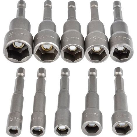 BUNTHAUS 10-teiliger magnetischer Sechskant-Steckschlüsselsatz, 6–15 mm Schlagschrauber-Steckschlüssel, magnetischer Sechskant-Steckschlüsselsatz, 1/4\"-Sechskant-Steckschlüsseladapter