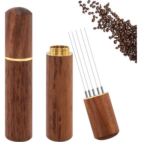 Agitatore per espresso, dosatore per espresso, agitatore per caffè, dosatore manuale professionale con aghi per baristi, 5 aghi, 0,4 mm, manico e supporto in legno naturale. (1/2)