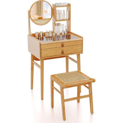 COSTWAY Tavolo da Trucco con Specchio, Tavolo da Toeletta con 2 Cassetti, Ripiani Aperto, Piano in Vetro, Tavolo in Bambù per Camera da Letto, Soggiorno (1, Senza Sgabello) (1/5)