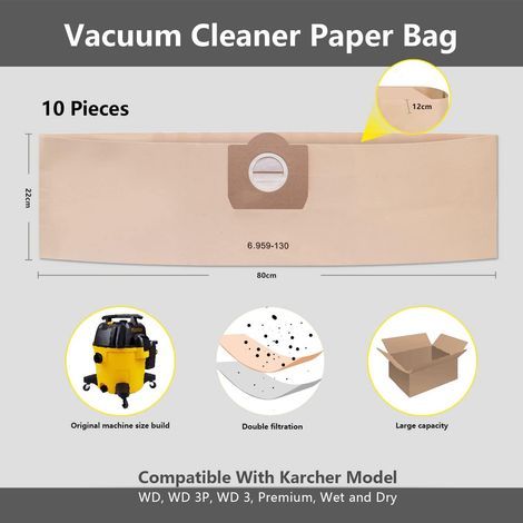 Lot de 10 sacs filtrants en papier de rechange pour aspirateurs Kärcher 6.959-130.0 WD3 WD3P MV3 A2204 A2254 A2604, compatibles avec les modèles eau et poussière. (1/4)