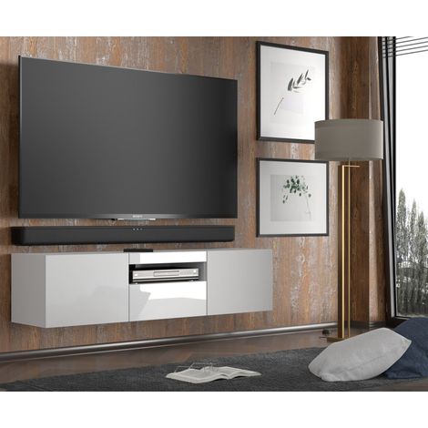 Meuble TV suspendu ou au sol 150x42/36x37 Cm STAND AURA Blanc brillant (1/5)