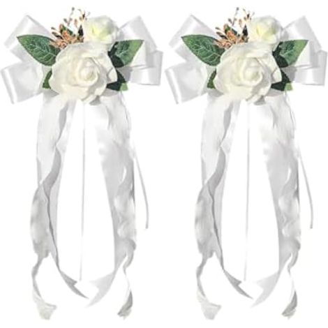 Lot de 4 décorations de poignée de Porte de Voiture pour invités de Mariage – Fleurs artificielles Blanches avec Rubans – Accessoires de Voiture pour poignées de Porte de Voiture avec (1/5)
