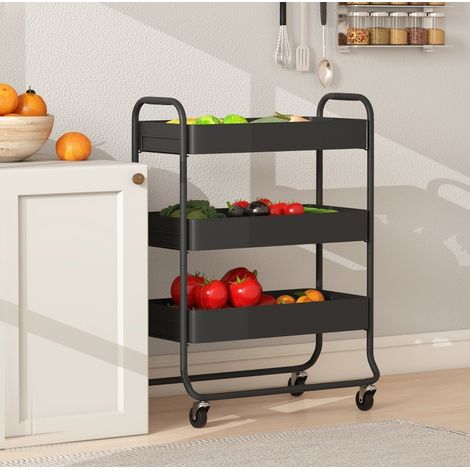 Chariot de cuisine 64,5/34/87 cm noir en métal avec 3 paniers et 4 roulettes, pratique (1/5)