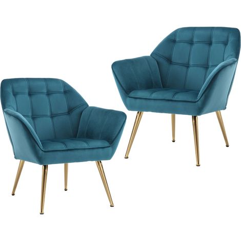 Wahson Fauteuil en Velours, Fauteuil Salon Moderne Lot de 2 Fauteuil Scandinave avec Pied Doré Fauteul Rembourré pour Chambre, Bleu
