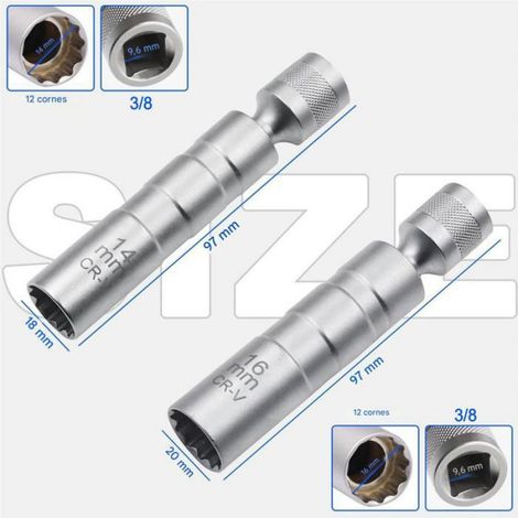 Jeu de 2 Douilles à Bougies Magnétique, 3/8" 12 Points Outil de Retrait de Bougie (14mm & 16mm) (1/5)