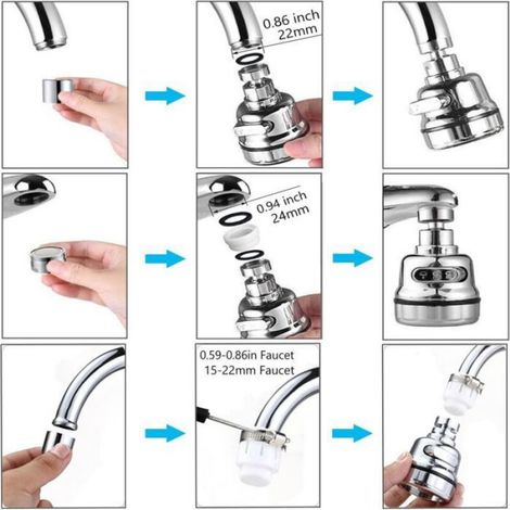 Tete De Pulverisation Pour Robinet D Evier - Acier Inoxydable - 3 Modes - Rotation 360° - Compatible Robinets Ronds - 1 Piece (1/5)