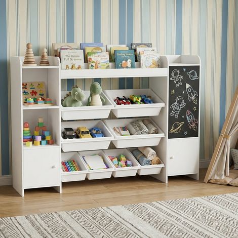 Libreria per Bambini 137x30x94.5cm, Scaffale Portagiochi con 8 Contenitori Rimovibili e Lavagna, Mobile Organizer in Legno, Moderno, Bianco