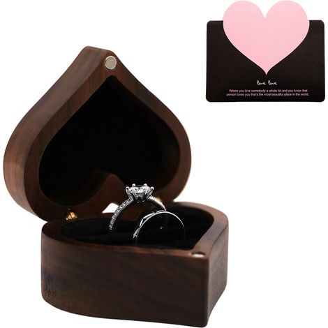Boîte à Bagues en Bois en Forme de Coeur avec Carte de Vœux Amour, Ecrin Bague Mariage Bois, Verlobungsringbox aus Holz avec 2 Fentes et Velours Noir, Boite a Bague pour Proposition Fiançaille (1/5)