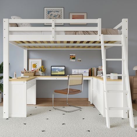 Lit surélevé enfant, bureau intégré en U, 2 tiroirs + étagère, pin/MDF/panneaux, sommier stable, blanc et bois naturel, 140x200 cm (1/5)