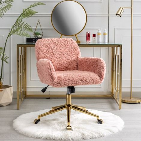 Sedia da trucco rosa con soffice pelliccia sintetica di coniglio, sedia da ufficio girevole a 360° regolabile in altezza con braccioli, base in metallo dorato con rotelle, comoda sedia da trucco per c (1/5)