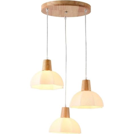 Pendelleuchte aus Holz und Glas, milchig-weiße Deckenpendelleuchte aus Glas, rustikale Hängeleuchte für Küche, Esszimmerinsel, Flurdekor (Dreiflammige Scheibe, warmes Licht)