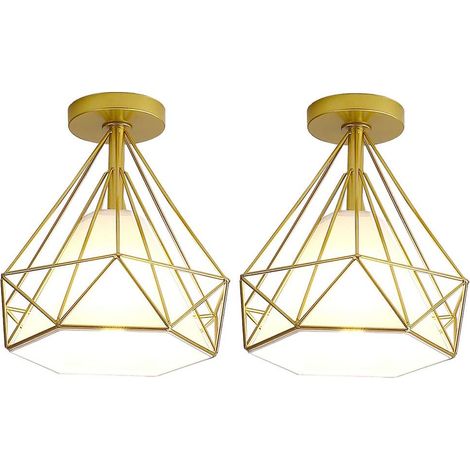 2X Deckenleuchte Industrielle Retro Deckenlampe aus Eisen Lampenschirm in Diamant Käfig E27 für Flur Küche Wohnzimmer Schlafzimmer (Gold)