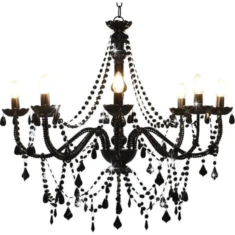 Lustre à perles style antique décoration intérieure 80 x 75 cm avec 8 ampoules E14 en métal noir