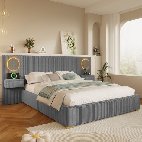 Cama tapizada 180x200 cm gris, con cabecero LED, USB y mesitas con cajones, estructura de madera, sin colchón (1/5)