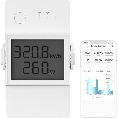 POW Elite WLAN-verbundener Schalter mit Stromverbrauchsmessung, 20 A/5000 W leistungsstarker kabelloser Schalter, Wattmeter kompatibel mit Amazon Alexa/Google Home, LCD-Display