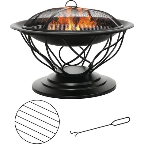 Brasero cheminée Foyer extérieur Ø 75 x 55H cm Grille à Charbon + Cuisson Couvercle tisonnier métal Noir (1/5)