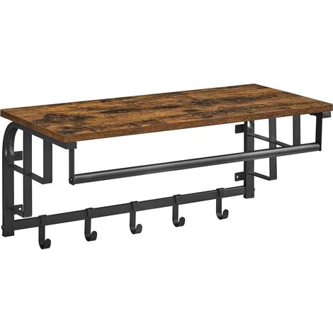 Perchero de pared con estante de almacenamiento, estante de pared con 5 ganchos extraíbles, estante colgante con barra, para entrada, dormitorio, sala de estar, marrón rústico y negro LCR12BX (1/5)