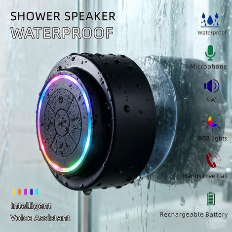Mini enceinte de douche portable, enceinte Bluetooth étanche 5 W avec lumière RGB, ventouse, appels mains libres, appairage TWS, USB-C, batterie 1200 mAh. (1/5)