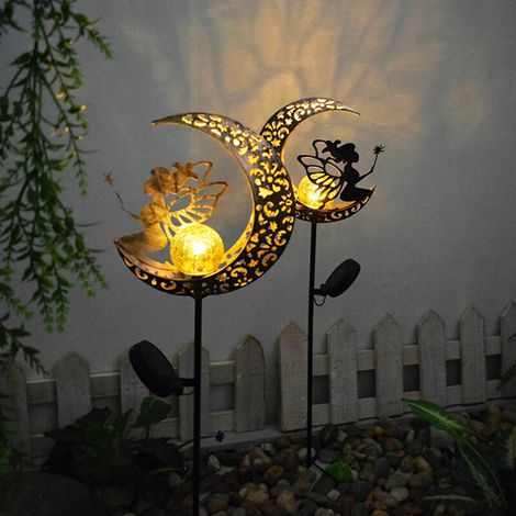Lampe solaire d'extérieur en métal, lampe de jardin LED en forme de lune, lampe de jardin étanche pour allée de fleurs féeriques et lampe solaire à piquer au sol
