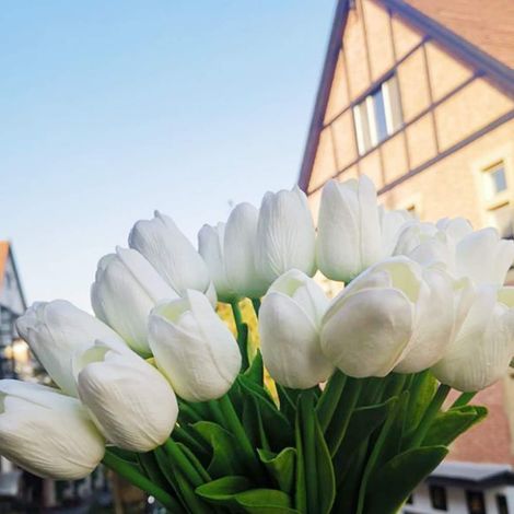 Set mit 24 künstlichen Latextulpen, die sich täuschend echt anfühlen. Ideal für selbstgemachte Brautsträuße, Hochzeiten, Babypartys und als Dekoration. Weiß. (1/4)