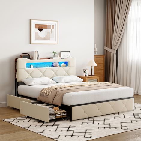 HYTKKBD – Polsterbett 140x190cm mit 4 Schubladen,LED-Beleuchtung,USB-Ladefunktion,Doppelbett,Lattenrost,Bettkopf Aufbewahrbar,Samt, Beige