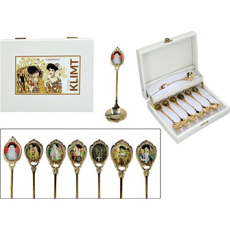 Carmani, juego de cucharas chapadas en oro: 6x té + 1x azúcar - Gustav Klimt, mezcla (1/5)