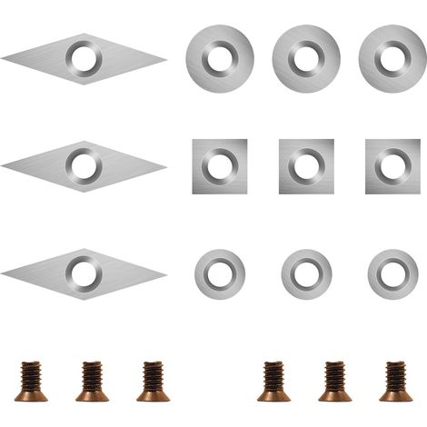 Plaquettes de Coupe en Carbure 18 pièces Outils Tournage Bois Inserts comprennent 11mm carré avec rayon, 12mm et 8,9mm rond, 30X10mm diamant avec point pointé, 6 pièces vis (1/5)
