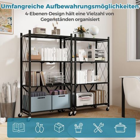 Schwerlastregal klappbar 4 ebenen standregal mit feststellbaren radern schwarz 71 x 34 x 126 cm