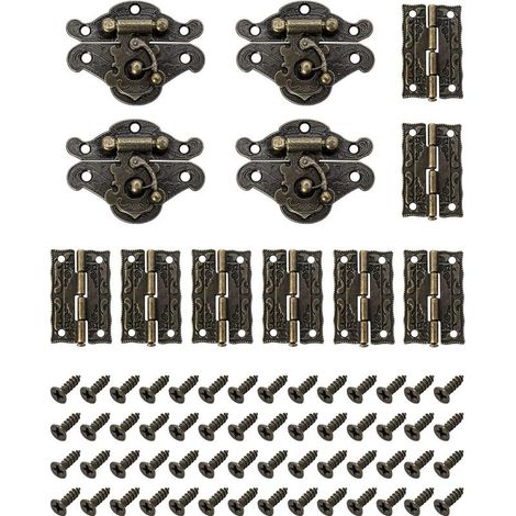 Set aus 4 antiken Vintage-Schlössern, dekorative antike Schachtelschlösser mit 8 Scharnieren und 56 Schrauben für dekorative Schränke, Kleiderschränke und Kisten. (1/5)