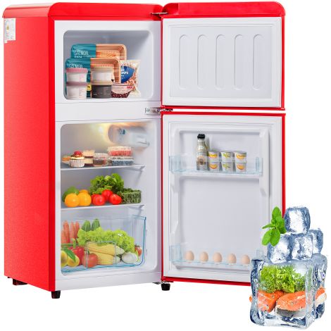 Kompaktkühlschrank Rot 60L Freistehende Gefrierkombination Klein mit 4-Sterne Gefrierfach 88,8cm Hoch Leise 45dB